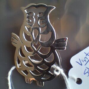 Vintage MCM Sterling Silver Owl Brooch Pin stamped